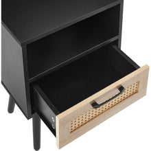 Load image into Gallery viewer, 15.75&quot; Rattan End table with Power Outlet &amp; USB Ports, Modern nightstand with drawer and solid wood legs, side table for living roon, bedroom, black
