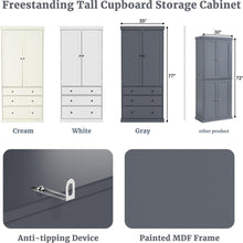 Load image into Gallery viewer, [Assembly Video Provided]77inch Farmhouse Kitchen Pantry, Freestanding Tall Cupboard Storage Cabinet with 3 Adjustable Shelves, 8 Door Shelves, 3 Drawers for Kitchen, Dining Room, Gray
