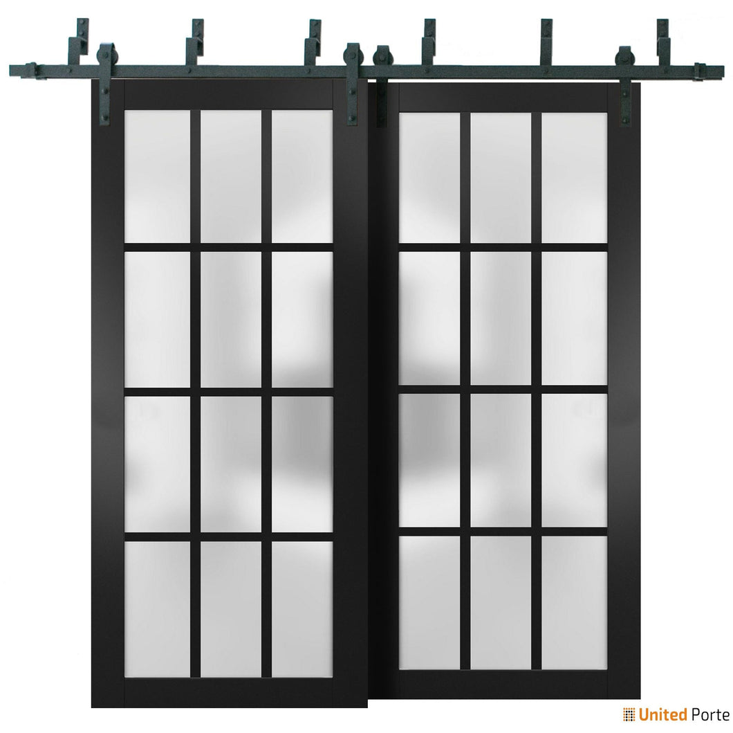 Felicia 3312 Matte Black Double Barn Door with Frosted Glass and Black Bypass Rail