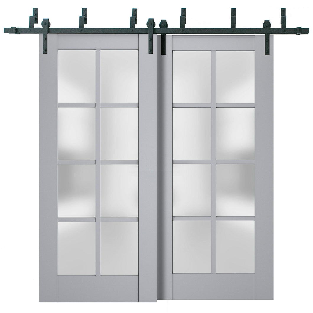 Veregio 7412 Matte Grey Double Barn Door with Frosted Glass and Black Bypass Rail