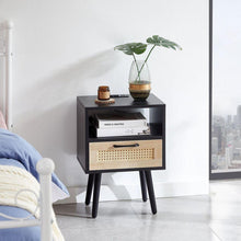 Load image into Gallery viewer, 15.75&quot; Rattan End table with Power Outlet &amp; USB Ports, Modern nightstand with drawer and solid wood legs, side table for living roon, bedroom, black

