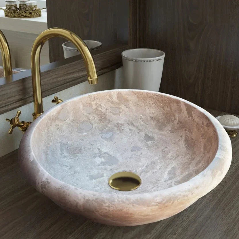 Beige Travertine Natural Stone Drop-in Bathroom Sink Honed and Filled (D)16