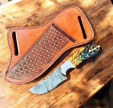 Custom Handmade Damascus Cowboy Knife with Epoxy Pine Cone Handle
