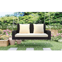 Load image into Gallery viewer, 2-Person Wicker Hanging Porch Swing with Chains, Cushion, Pillow, Rattan Swing Bench for Garden, Backyard, Pond. (Brown Wicker, Beige Cushion)
