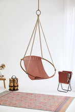 Load image into Gallery viewer, Genuine Leather Round Hanging Chair Brown Teak Frame
