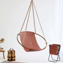 Load image into Gallery viewer, Genuine Leather Round Hanging Chair Brown Teak Frame
