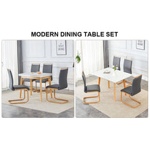 Load image into Gallery viewer, White stone burning tabletop with rubber wooden legs, foldable computer desk, foldable office desk, Modern PU leather high back cushion side chair with wood grain metal legs.
