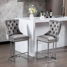 Cargar imagen en el visor de la galería, 26&quot; Counter Height Bar Stools Set of 2, Modern Velvet Barstools with Button Back&amp;Rivet Trim Upholstered Kitchen Island Chairs with Sturdy Chromed Metal Base Legs Farmhouse Bar Stools, (Gray, 2 Pack)
