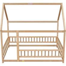 Load image into Gallery viewer, Full Size Floor Wooden Bed with House Roof Frame, Fence Guardrails, Natural
