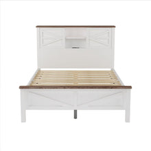 Load image into Gallery viewer, 3-Pieces Bedroom Sets Full Size Farmhouse Platform Bed with Double Sliding Door Storage Headboard and Charging Station, Storage Nightstand and Dresser, White+Brown
