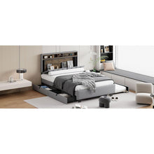 Load image into Gallery viewer, Full size Upholstered Platform Bed with Storage Headboard, Twin Size Trundle &amp; 2 drawers and a set of Sockets &amp; USB Ports, Linen Fabric, Gray
