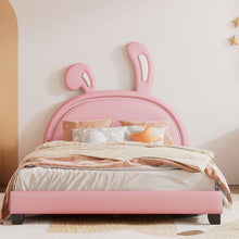 Load image into Gallery viewer, Full Size Upholstered Leather Platform Bed with Rabbit Ornament, Pink
