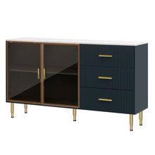 Load image into Gallery viewer, Modern Sideboard MDF Buffet Cabinet Marble Sticker Tabletop and Amber-yellow Tempered Glass Doors with Gold Metal Legs &amp; Handles (Navy Blue)
