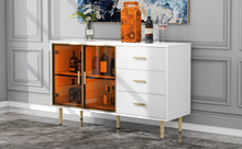 Load image into Gallery viewer, Modern Sideboard MDF Buffet Cabinet Marble Sticker Tabletop and Amber-yellow Tempered Glass Doors with Gold Metal Legs &amp; Handles (White)
