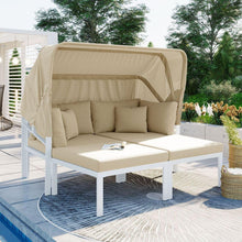 Cargar imagen en el visor de la galería, 3-Piece Patio Daybed with Retractable Canopy Outdoor Metal Sectional Sofa Set Sun Lounger with Cushions for Backyard, Porch, Poolside, Beige
