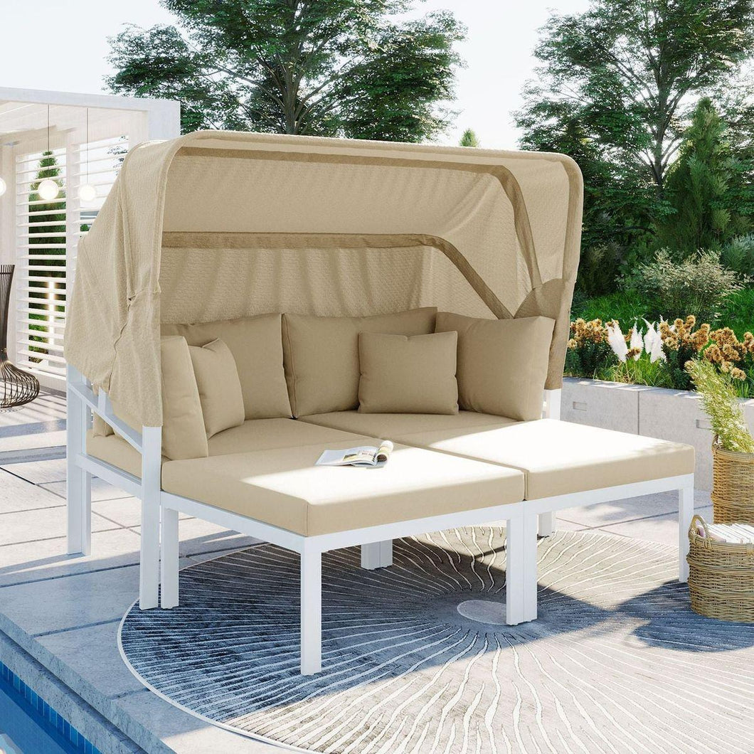 3-Piece Patio Daybed with Retractable Canopy Outdoor Metal Sectional Sofa Set Sun Lounger with Cushions for Backyard, Porch, Poolside, Beige