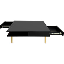 Carregar imagem no visualizador da galeria, Exquisite High Gloss Coffee Table with 4 Golden Legs and 2 Small Drawers, 2-Tier Square Center Table for Living Room, Black
