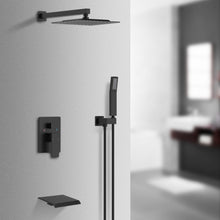 Cargar imagen en el visor de la galería, Rain Mixer Shower Faucet Set with Waterfall Tub Spout 10 inch Square Rainfall Shower Head with Handheld Spray Matte Black Wall Mounted Pressure Balance Rough-in Valve and Trim Included
