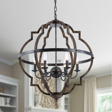 Carregar imagem no visualizador da galeria, Cambon 6-Light Distressed Black and Brushed Wood Lantern Geometric Chandelier
