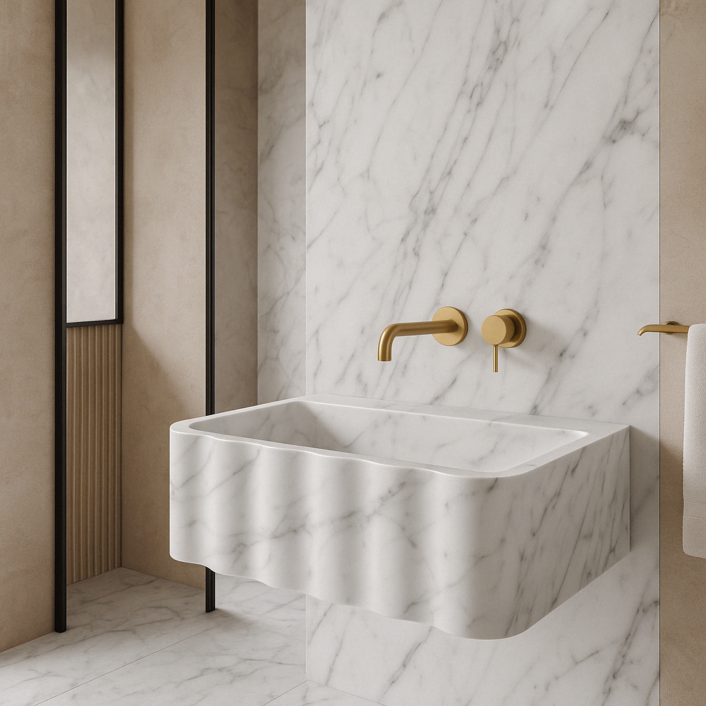 Carrara White Marble Wall-mount Bathroom Sink Fluted Front (W)16