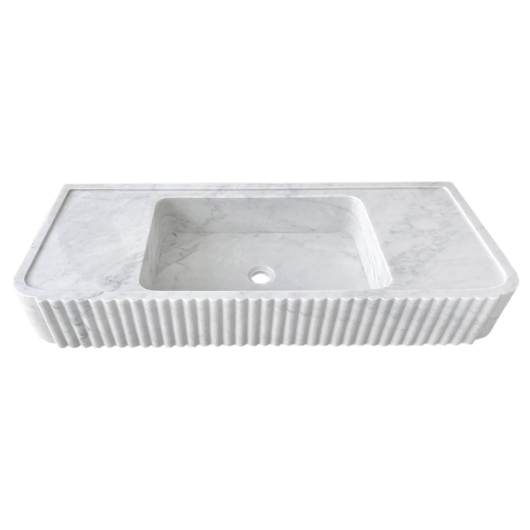 Carrara White Marble Wall-mount Bathroom Vanity Sink Fluted (W)16