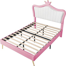 Cargar imagen en el visor de la galería, Full Size Upholstered Bed Frame with LED Lights,Modern Upholstered Princess Bed With Crown Headboard,White+Pink
