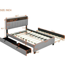 Load image into Gallery viewer, Full size Upholstered Platform Bed with Storage Headboard, Twin Size Trundle &amp; 2 drawers and a set of Sockets &amp; USB Ports, Linen Fabric, Gray
