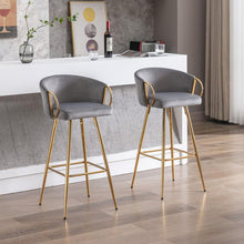 Carregar imagem no visualizador da galeria, 26 Inch Set of 2 Bar Stools, with Chrome Footrest and Base Velvet + Golden Leg Simple Bar Stool, GRAY
