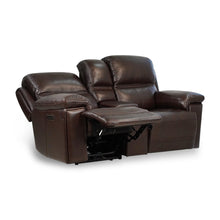 Carregar imagem no visualizador da galeria, Timo Top Grain Leather Power Reclining Loveseat With Console Adjustable Headrest Storage Steel Cup Holders Cross Stitching
