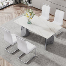 Load image into Gallery viewer, Modern minimalist dining table. Imitation marble glass sticker desktop, stainless steel legs, stable and beautiful. 4 white PU seats. 63 &quot;x 35.4&quot; x 29.5 &quot;DT-69
