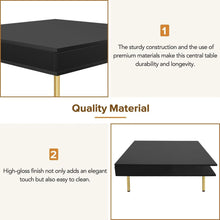 Carregar imagem no visualizador da galeria, Exquisite High Gloss Coffee Table with 4 Golden Legs and 2 Small Drawers, 2-Tier Square Center Table for Living Room, Black
