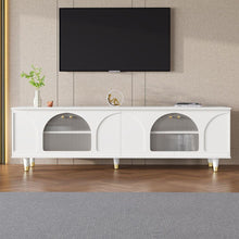 Carregar imagem no visualizador da galeria, Contemporary TV Stand with Adjustable Shelves for TVs Up to 78&quot;, Stylish Media Console with Gold Handles and Arch Fluted Glass Doors, Delicate Entertainment Center for Living Room, White

