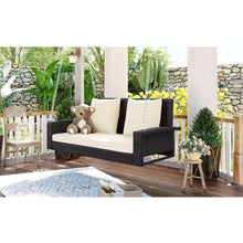 Load image into Gallery viewer, 2-Person Wicker Hanging Porch Swing with Chains, Cushion, Pillow, Rattan Swing Bench for Garden, Backyard, Pond. (Brown Wicker, Beige Cushion)
