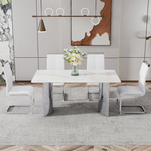 Carregar imagem no visualizador da galeria, Modern minimalist dining table. Imitation marble glass sticker desktop, stainless steel legs, stable and beautiful. 4 white PU seats. 63 &quot;x 35.4&quot; x 29.5 &quot;DT-69
