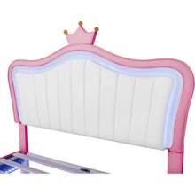 Cargar imagen en el visor de la galería, Full Size Upholstered Bed Frame with LED Lights,Modern Upholstered Princess Bed With Crown Headboard,White+Pink
