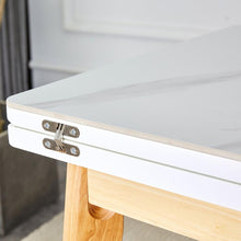 Load image into Gallery viewer, White stone burning tabletop with rubber wooden legs, foldable computer desk, foldable office desk, Modern PU leather high back cushion side chair with wood grain metal legs.
