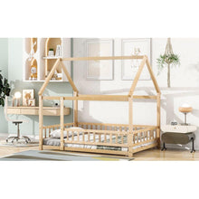Load image into Gallery viewer, Full Size Floor Wooden Bed with House Roof Frame, Fence Guardrails, Natural
