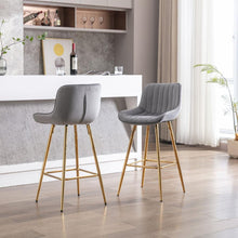 Cargar imagen en el visor de la galería, 26 Inch Set of 2 Bar Stools, with Chrome Footrest Velvet Fabric Counter Stool Golden Leg Simple Bar Stool, GRAY
