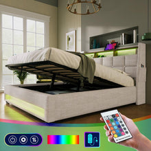 Carregar imagem no visualizador da galeria, Full size Upholstered Platform bed with a Hydraulic Storage System, LED and USB Charging, Natural (without mattress)
