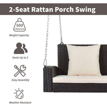 Load image into Gallery viewer, 2-Person Wicker Hanging Porch Swing with Chains, Cushion, Pillow, Rattan Swing Bench for Garden, Backyard, Pond. (Brown Wicker, Beige Cushion)
