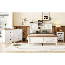 Load image into Gallery viewer, 3-Pieces Bedroom Sets Full Size Farmhouse Platform Bed with Double Sliding Door Storage Headboard and Charging Station, Storage Nightstand and Dresser, White+Brown
