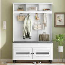 Load image into Gallery viewer, 5-in-1 Entryway Bench with Shutter-shaped doors, Coat Rack, Cushion and 4 Sturdy Hooks, 47.2&quot; Wide Hall Tree with Storage Bench for Hallway, Entryway, Living Room
