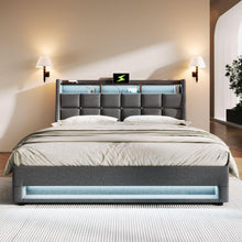 Carregar imagem no visualizador da galeria, Full size Upholstered Platform bed with a Hydraulic Storage System, LED and USB Charging, Grey (without mattress)
