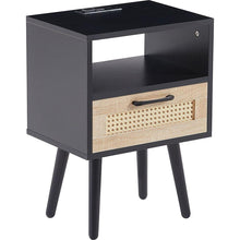 Load image into Gallery viewer, 15.75&quot; Rattan End table with Power Outlet &amp; USB Ports, Modern nightstand with drawer and solid wood legs, side table for living roon, bedroom, black
