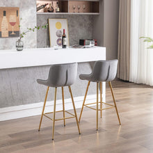 Cargar imagen en el visor de la galería, 26 Inch Set of 2 Bar Stools, with Chrome Footrest Velvet Fabric Counter Stool Golden Leg Simple Bar Stool, GRAY
