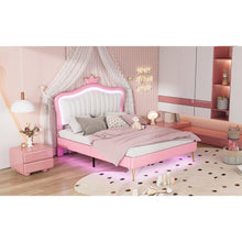 Cargar imagen en el visor de la galería, Full Size Upholstered Bed Frame with LED Lights,Modern Upholstered Princess Bed With Crown Headboard,White+Pink
