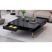 Carregar imagem no visualizador da galeria, Exquisite High Gloss Coffee Table with 4 Golden Legs and 2 Small Drawers, 2-Tier Square Center Table for Living Room, Black
