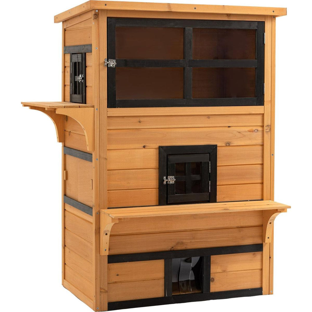 3-Story Cat House Feral Cat Shelter, Outdoor Kitten Condo with Raised Floor, Asphalt Roof, Escape Doors, Jumping Platforms, Yellow