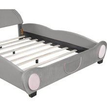 Load image into Gallery viewer, Full Size Velvet Platform Bed with Bear-Shaped Headboard, with Bed-End Storage Pocket, Gray

