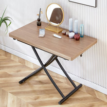 Carregar imagem no visualizador da galeria, Modern minimalist multifunctional lifting table, with a 0.8-inch wood grain process sticker desktop and black metal legs, can be used as a dressing table, coffee table, dining table, and office table
